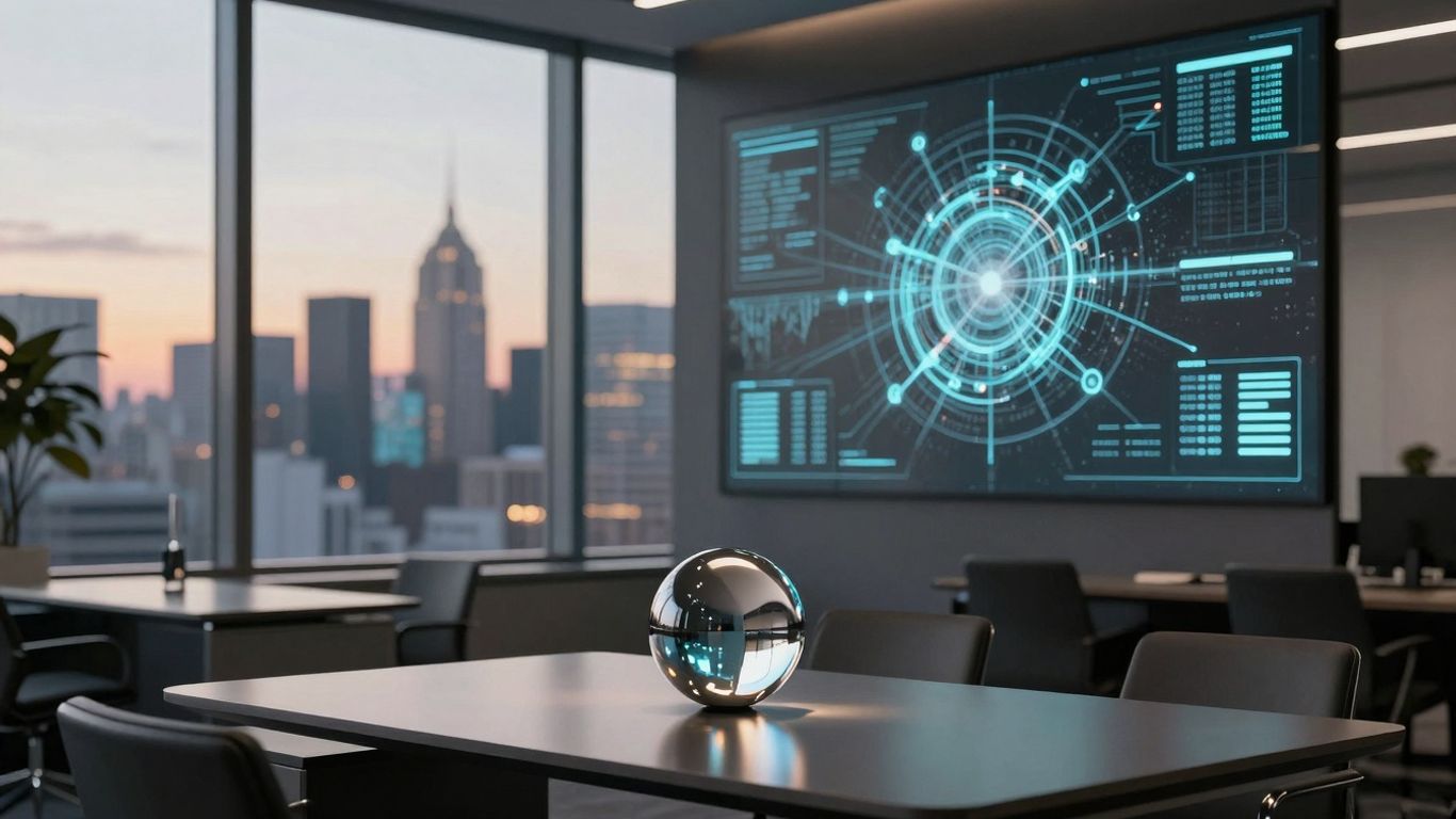 Modern office with city view and abstract digital patterns.