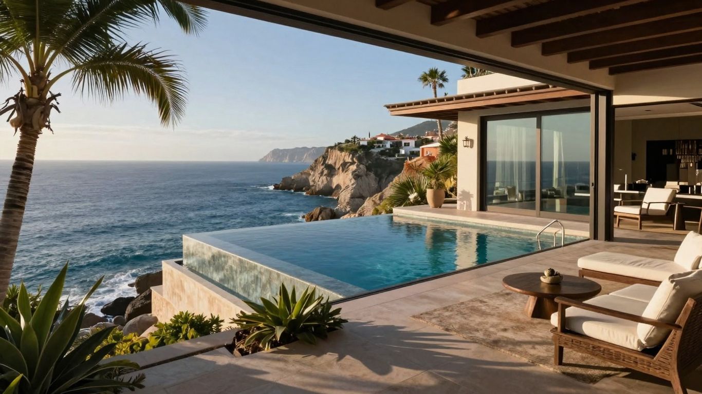 Cliffside villa with infinity pool overlooking the ocean in Cabo.