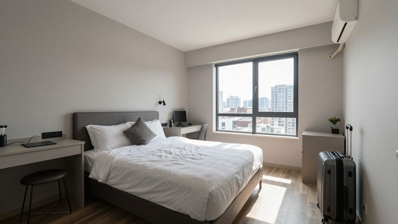 Serviced apartment interior with city view and suitcase.