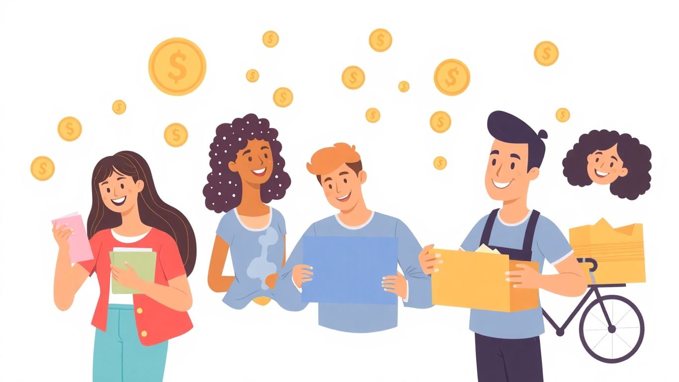 Pessoas felizes fazendo renda extra com dinheiro flutuando.