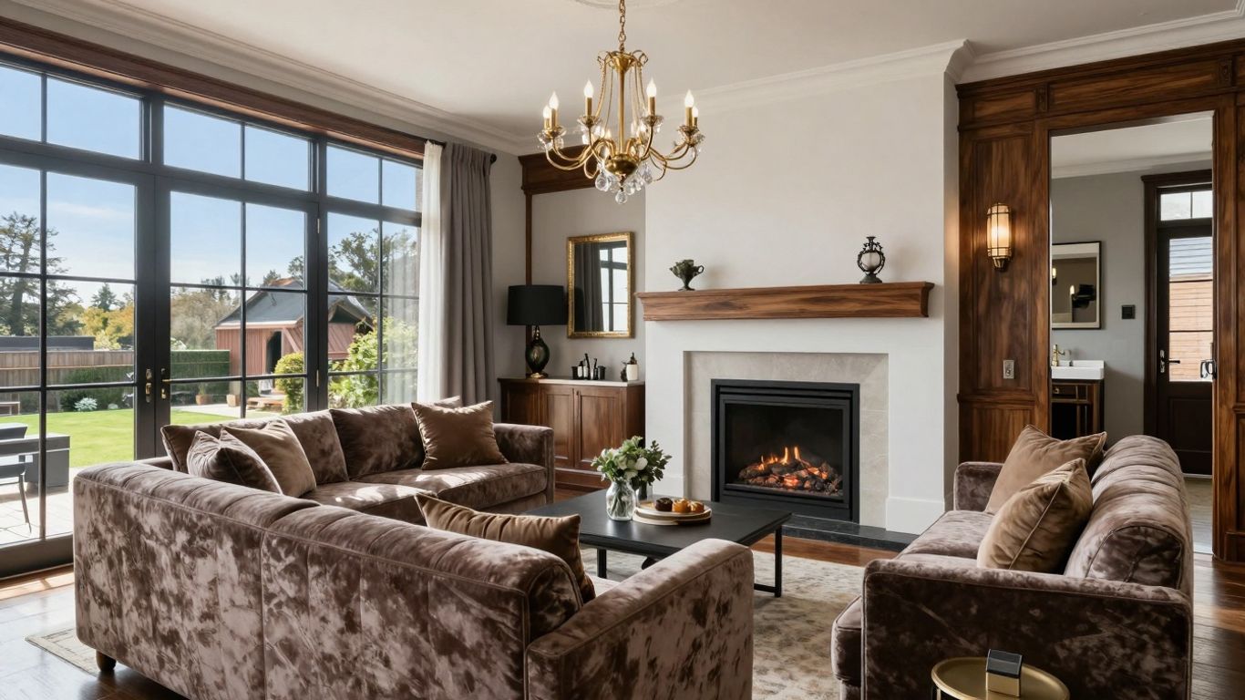 Elegant living room with velvet sofa and chandelier.