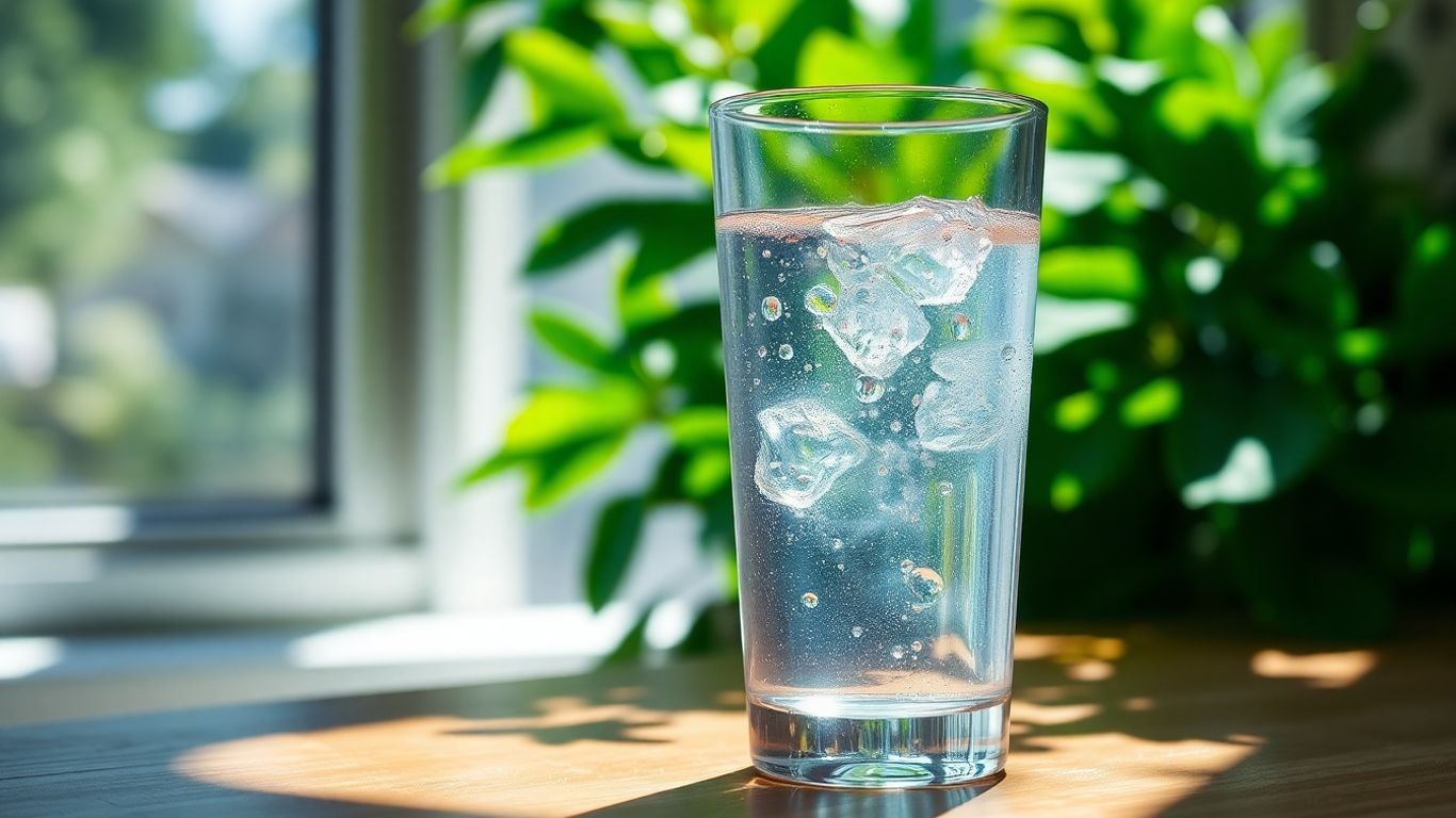 Glass of water with sunlight and greenery.