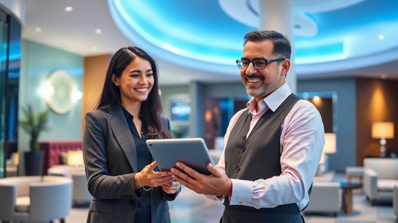 Hotelski receptor uporablja tablico za pomoč gostu z AI.
