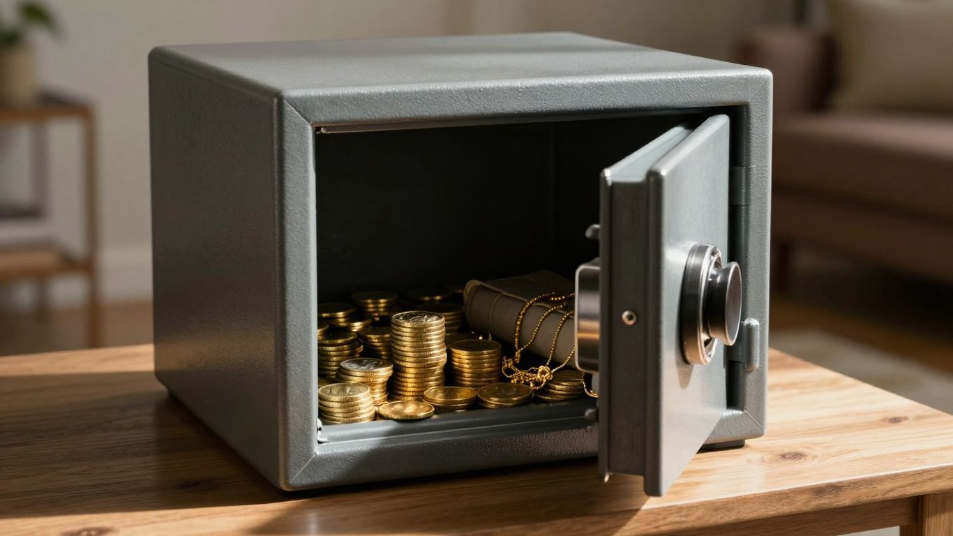 Caja fuerte segura con joyas y monedas de oro.