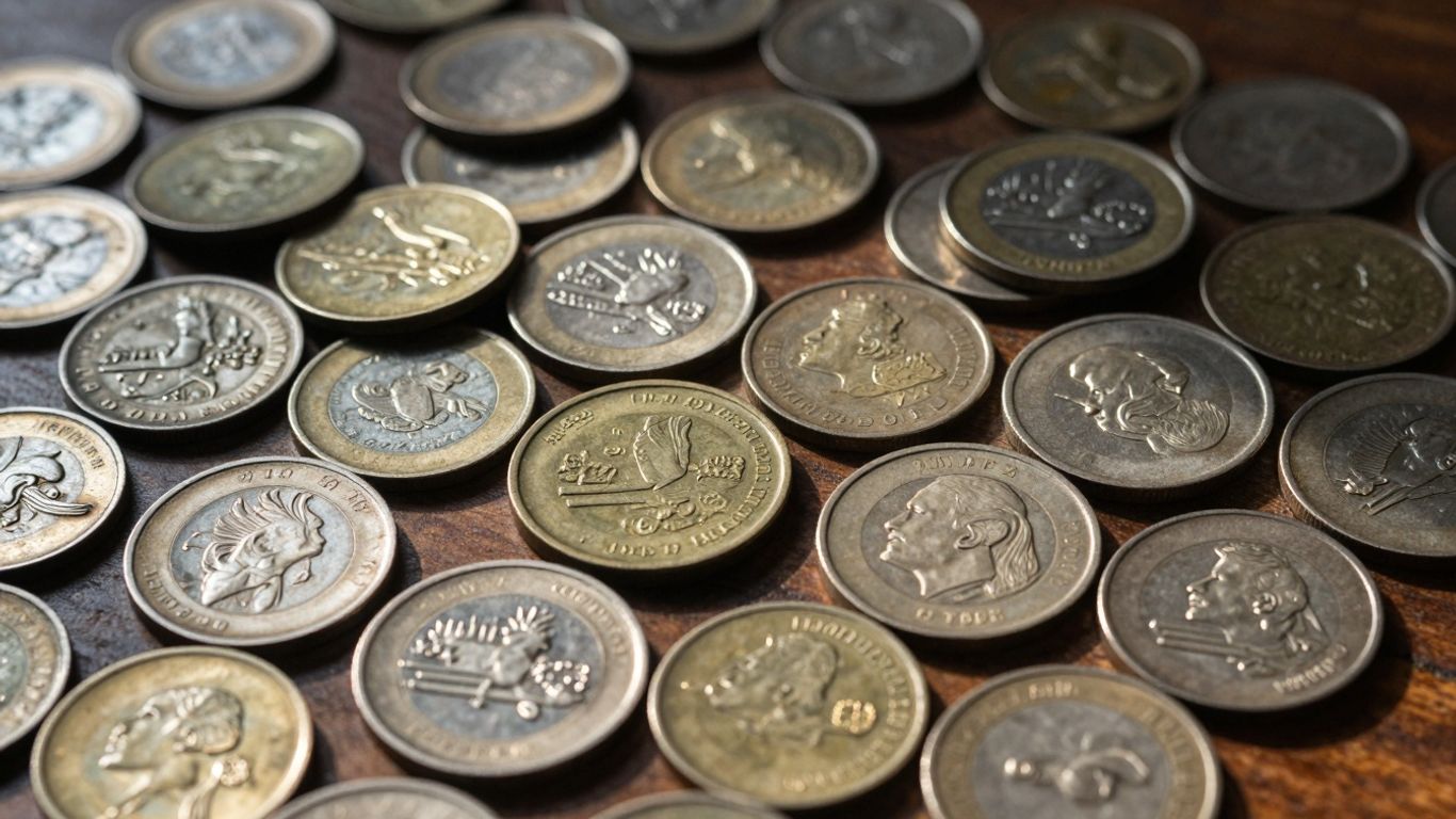 Collection of old coins on a wooden surface.