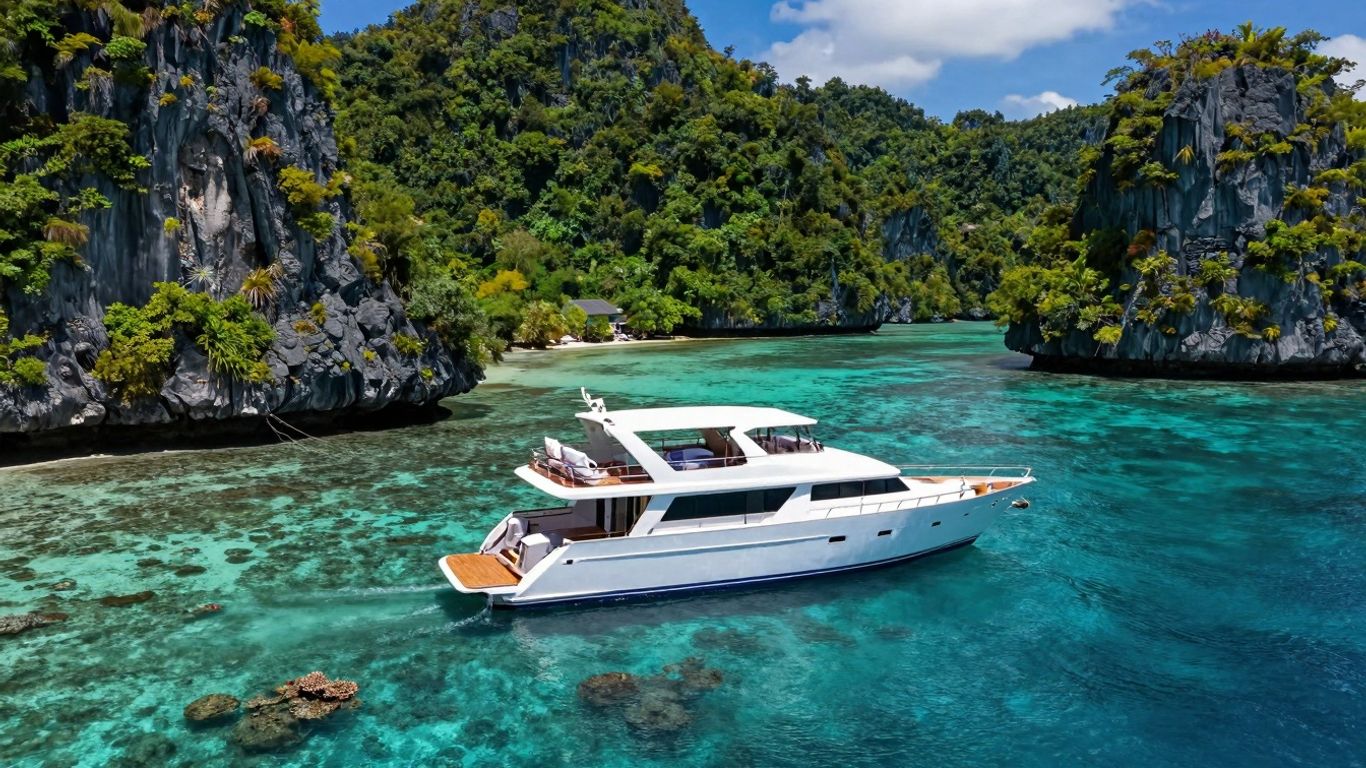 Luxury yacht sailing amidst Raja Ampat's karst islands.