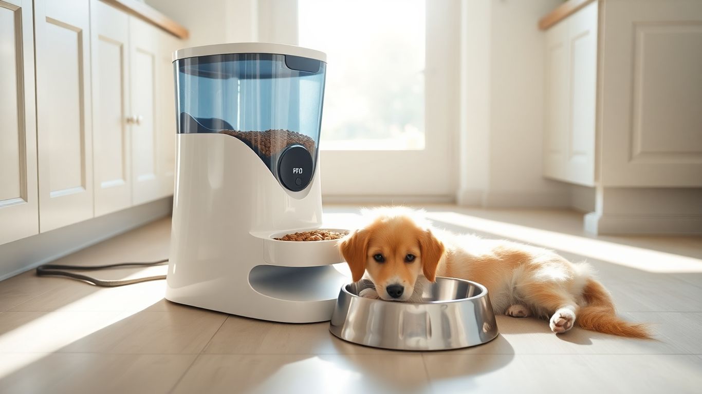 Modern automatic pet feeder dispensing food into a bowl.