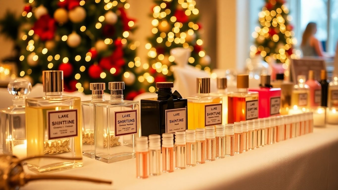 Holiday scent bar with perfume bottles and vials.