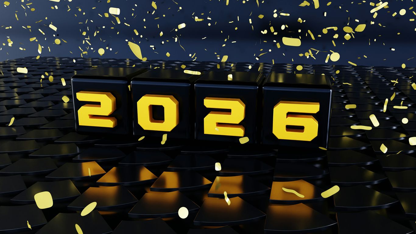 The year 2026 displayed with confetti.