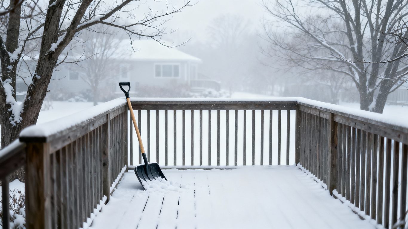 Snowy deck with shovel and bare trees.