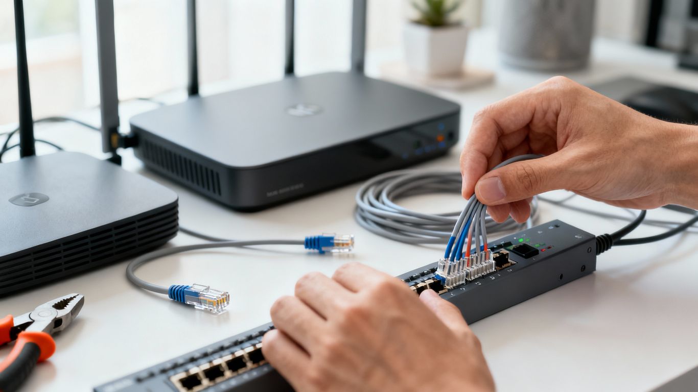 Hands wiring Cat 5e cables in home office Ethernet panel