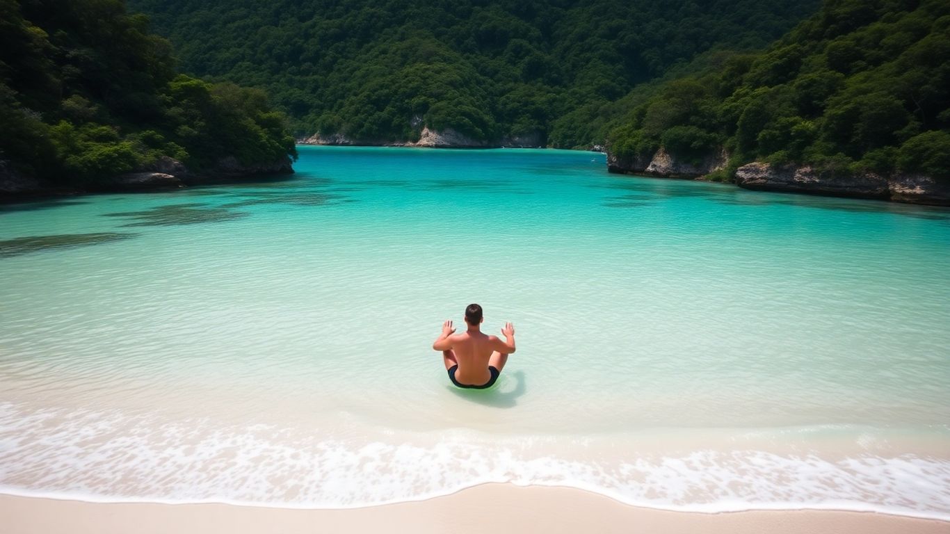 Serene Australian beach with person meditating at sunrise