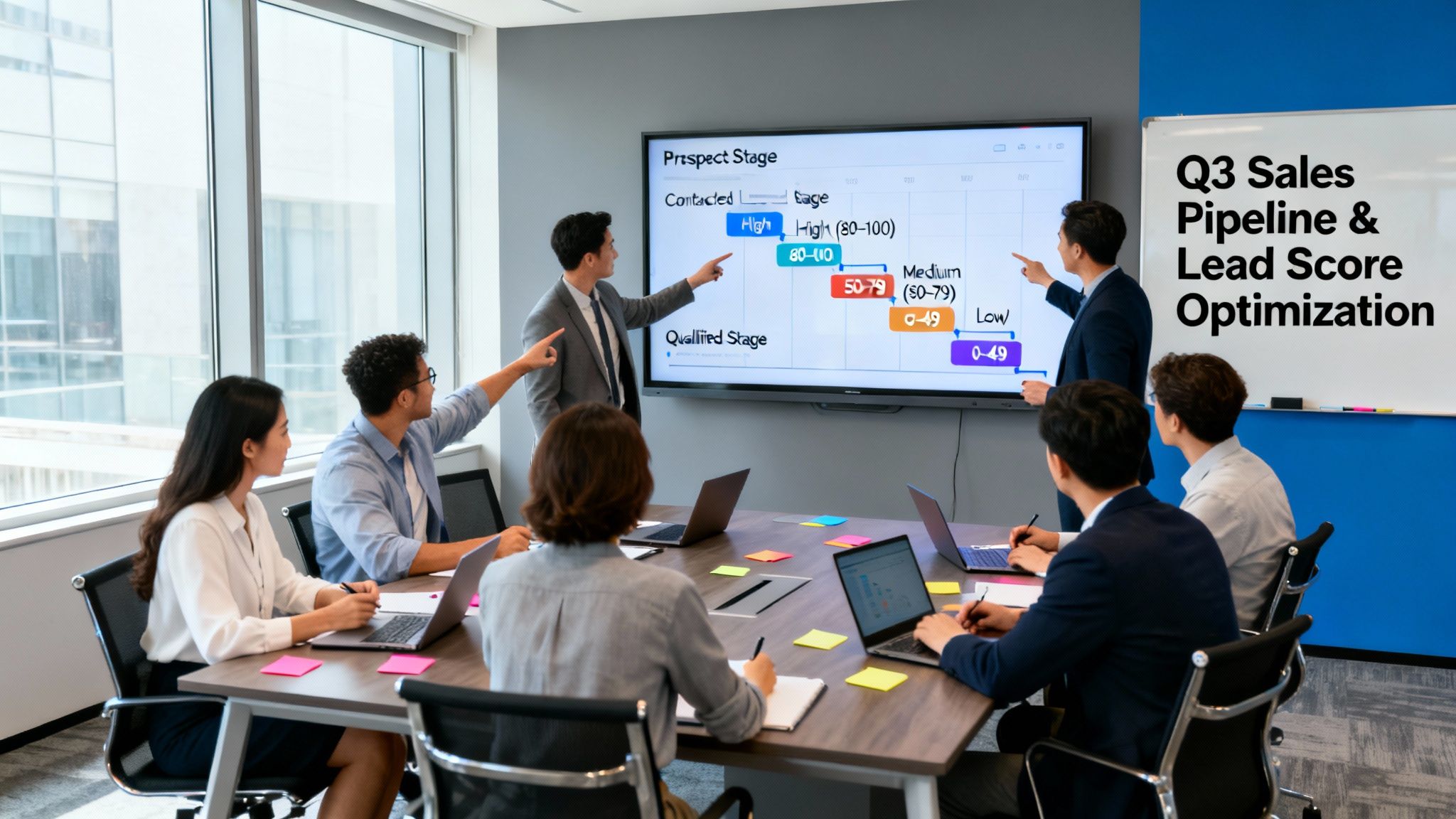 Sales team analyzing visual pipeline and lead scores in collaborative meeting