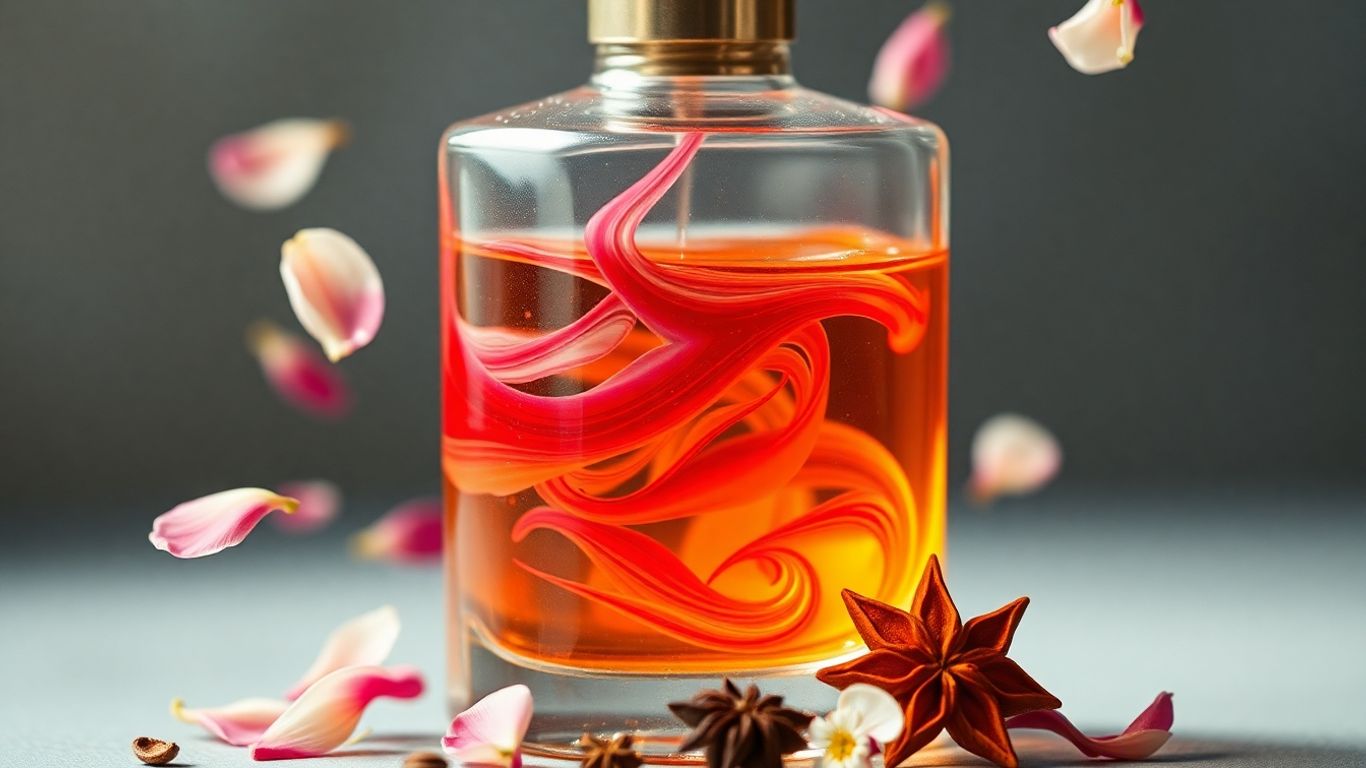 Perfume bottle with swirling colours and floating petals.
