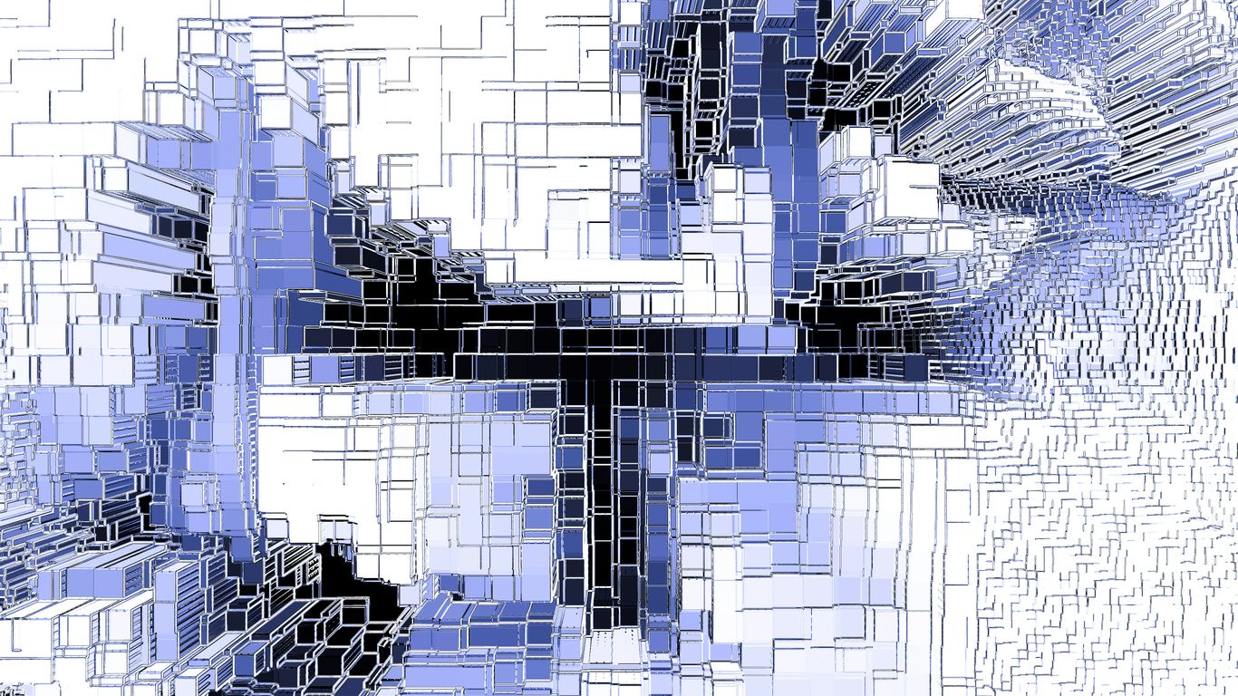 Abstract blue and white geometric pattern with extruded blocks