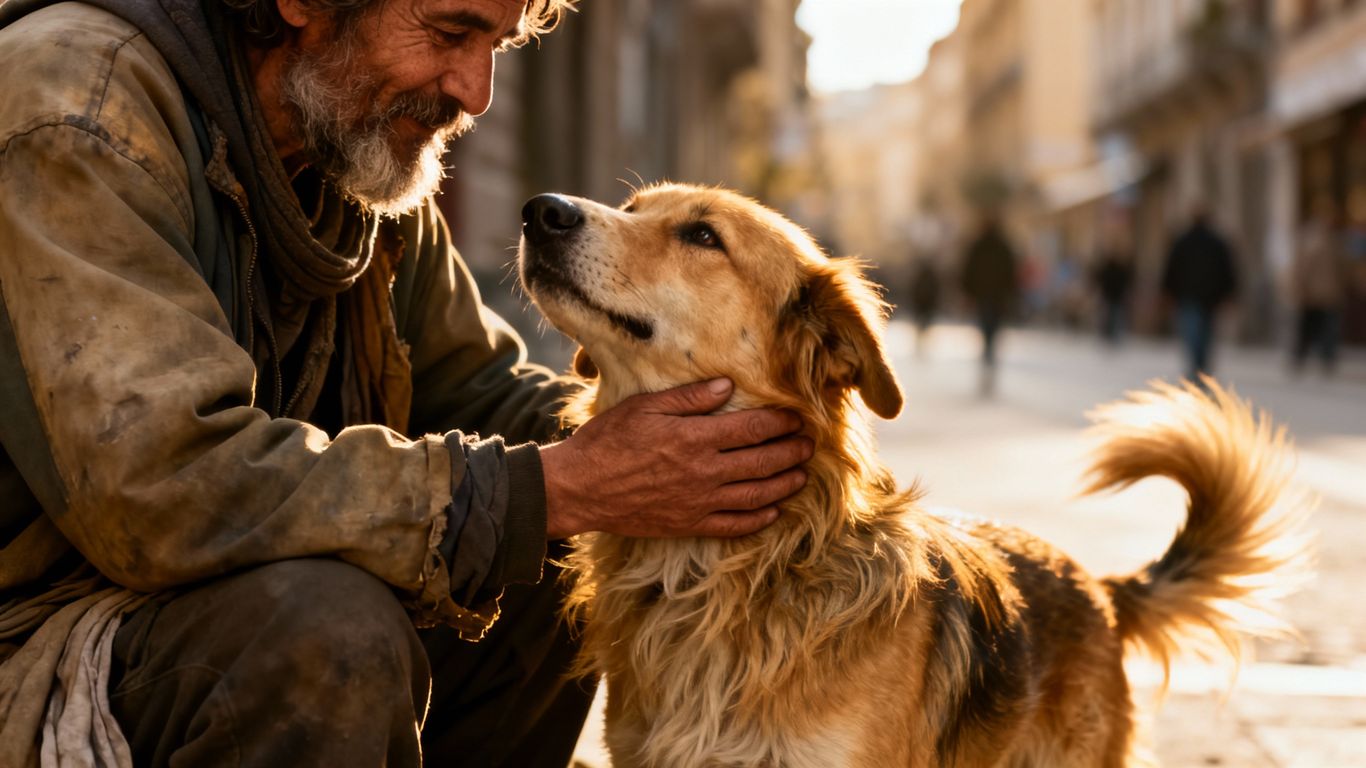 Homeless person and their dog share a loving moment.