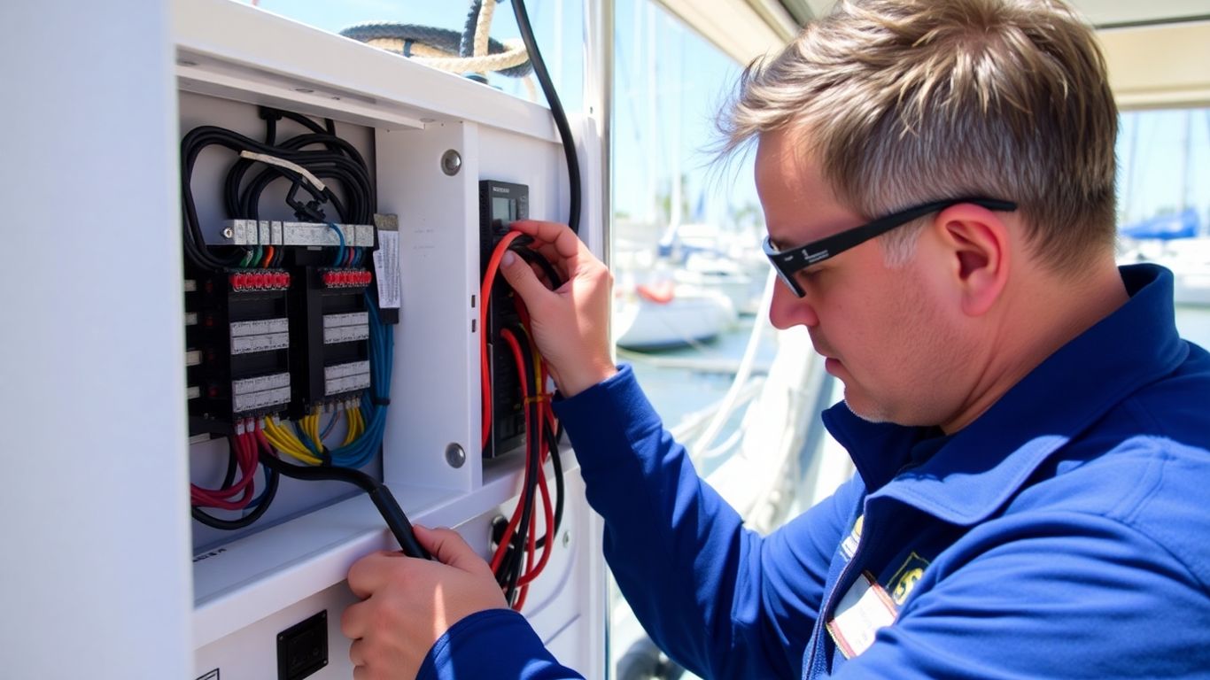 Marine electrician working on yacht electrics in Salcombe.