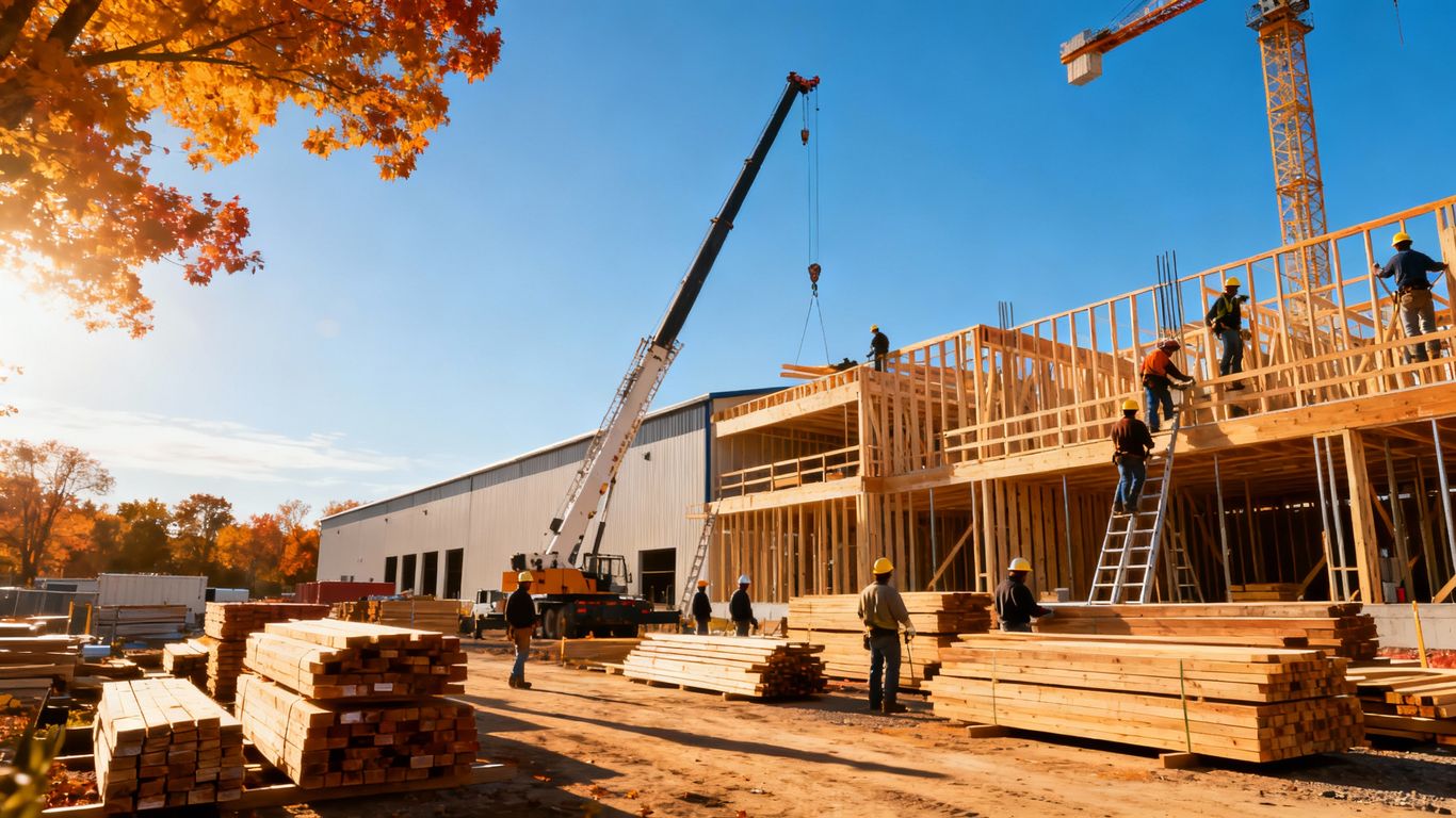 Commercial construction site in autumn with workers.