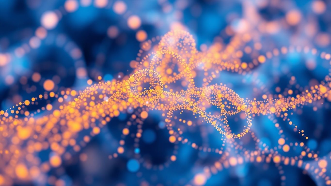 Abstract digital particles swirling in a colorful cloud.
