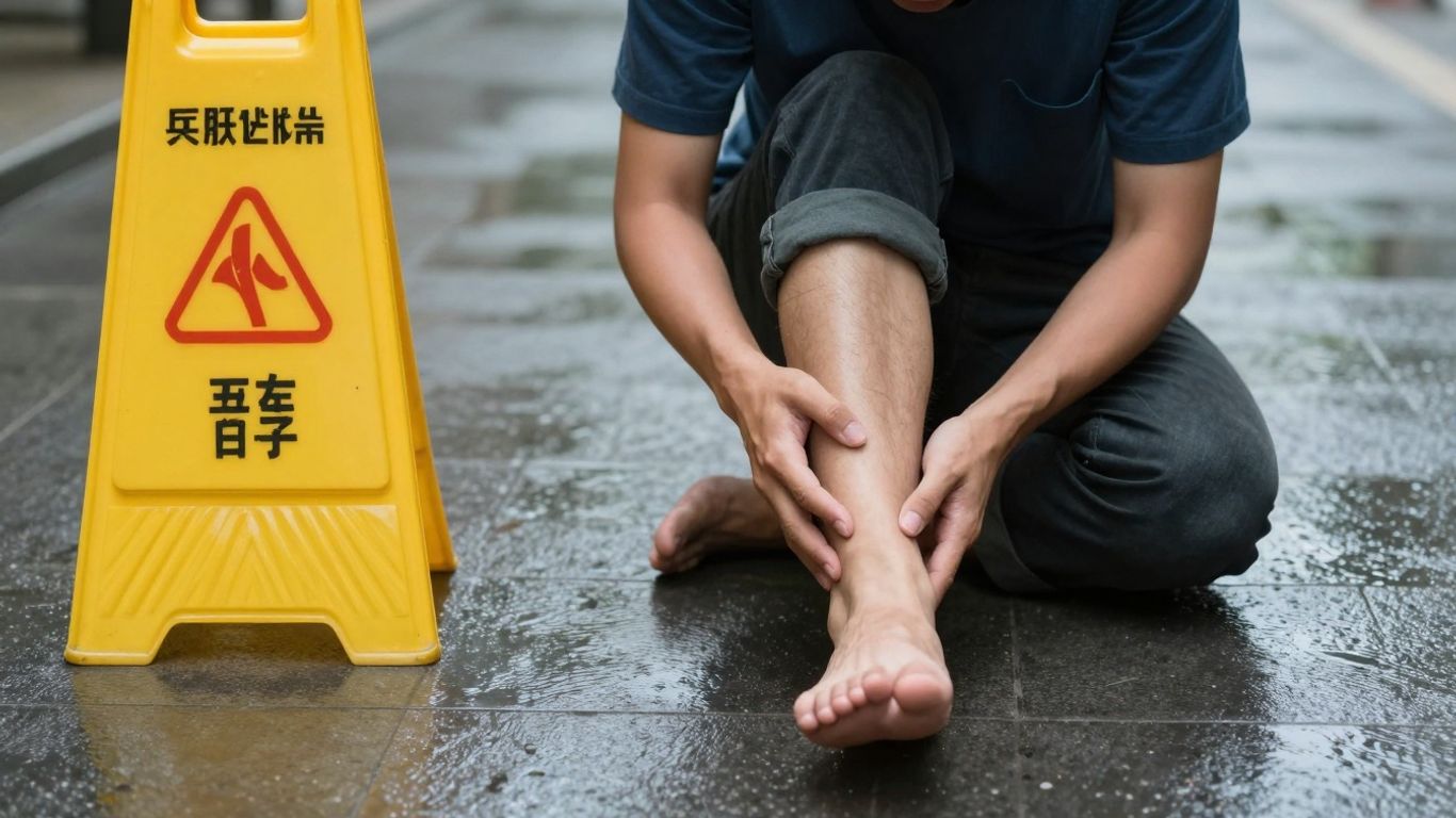 Injured person on wet floor after slip and fall.