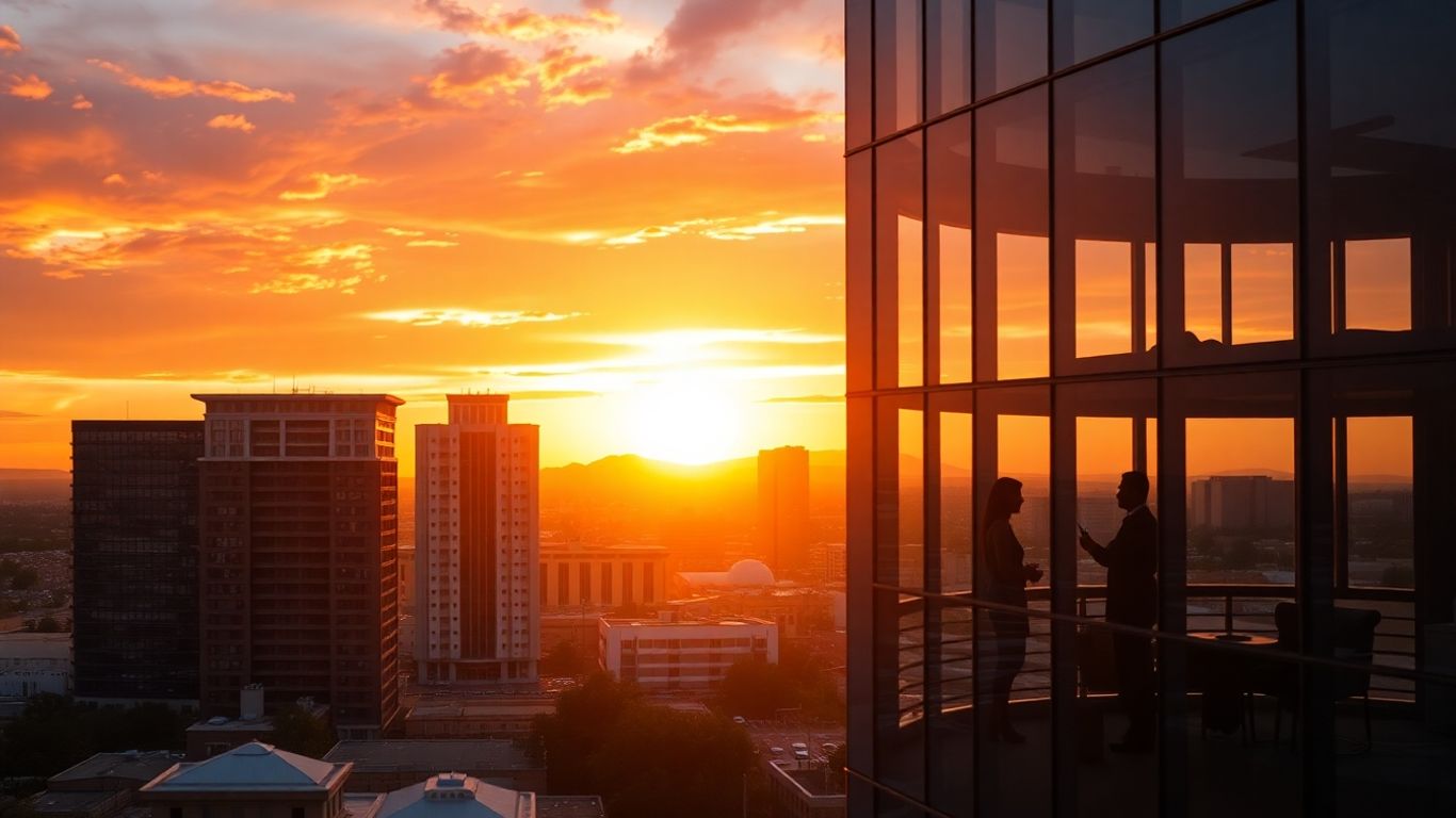 El Paso cityscape with business professionals in office.