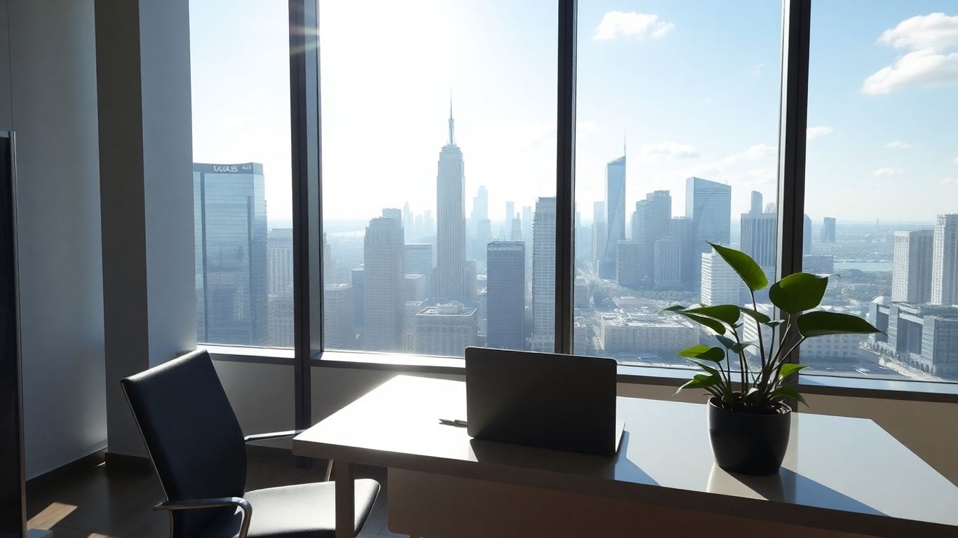 Modern office with city view, laptop, and plant.