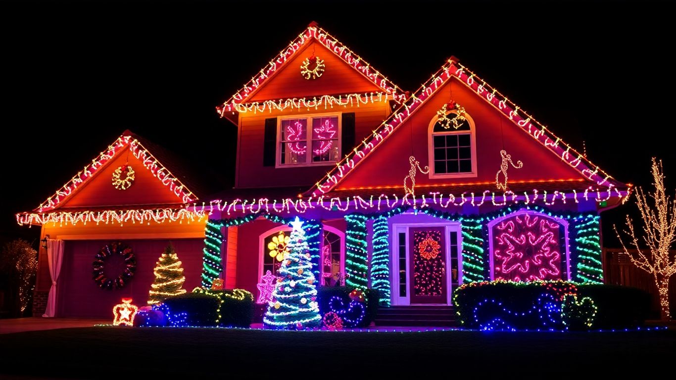 House with permanent Christmas lights glowing brightly.