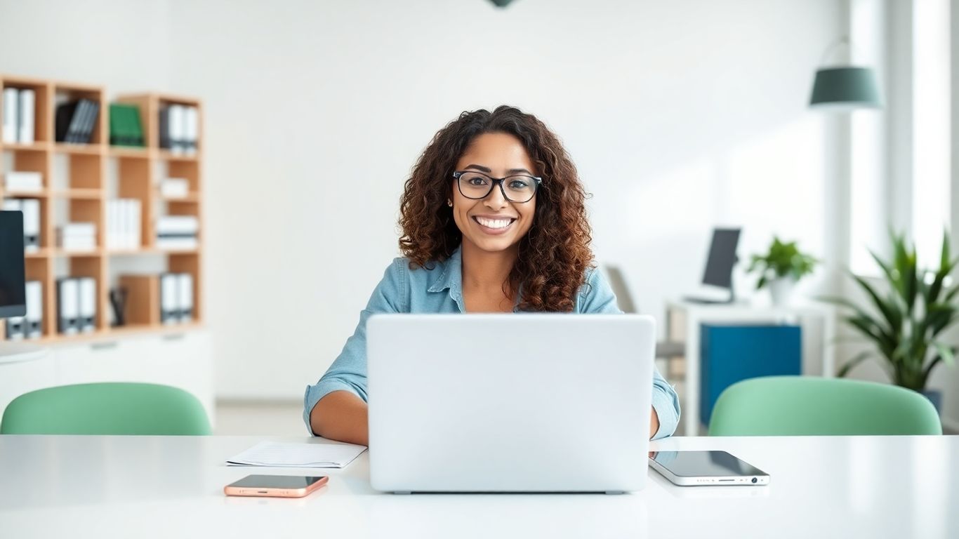 Smiling business owner with digital tools at desk