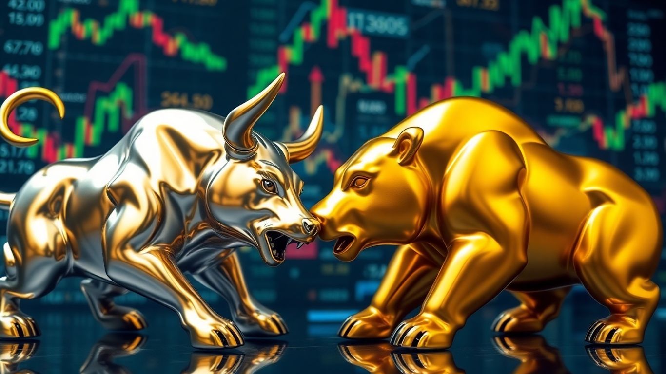 Financial market bull and bear struggle, abstract data background.