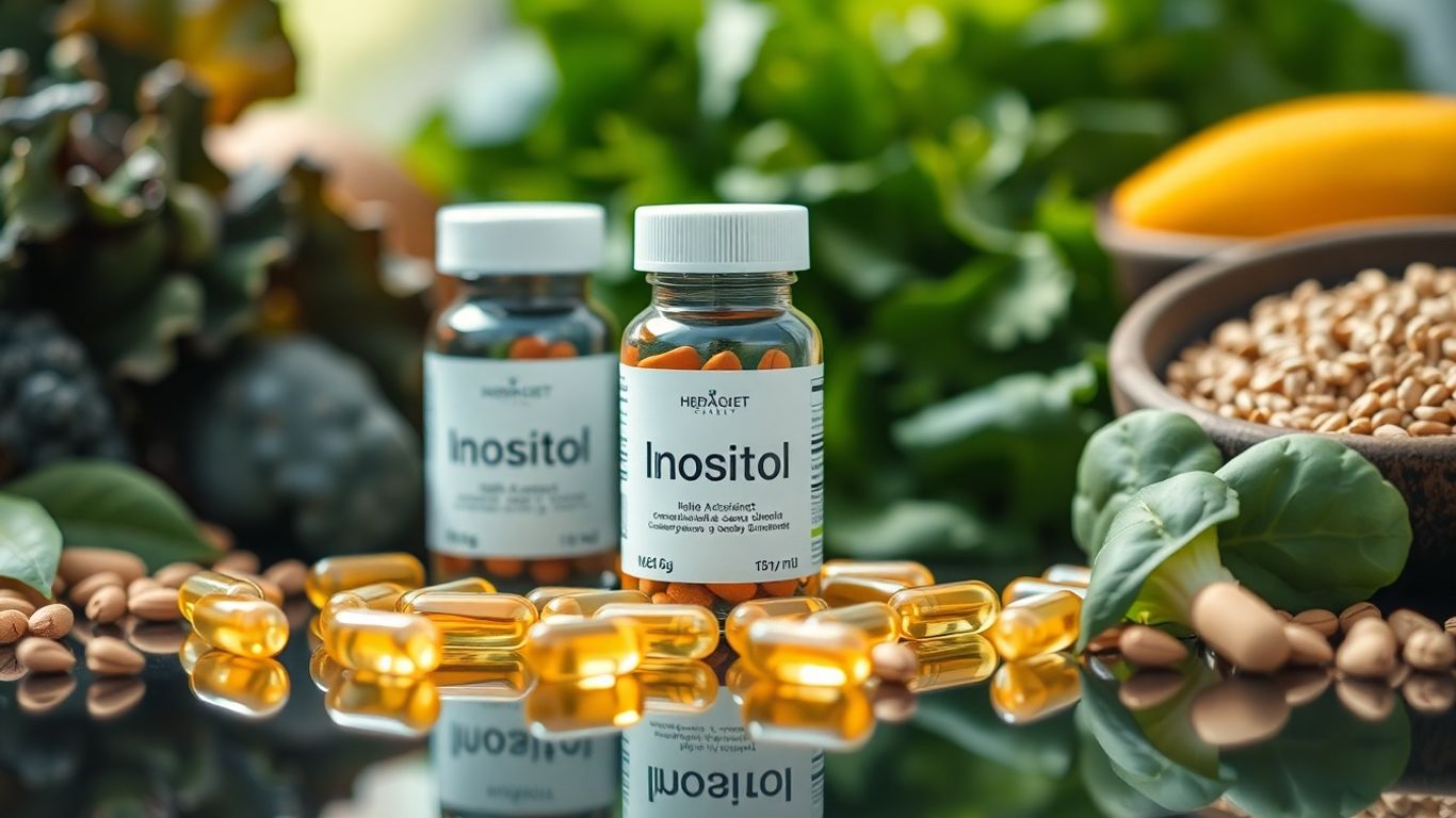 Inositol capsules with greens and grains, natural lighting.