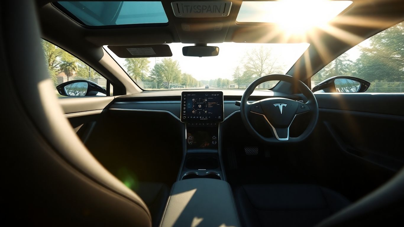 Tesla interior with ambient lighting and upgraded accessories.