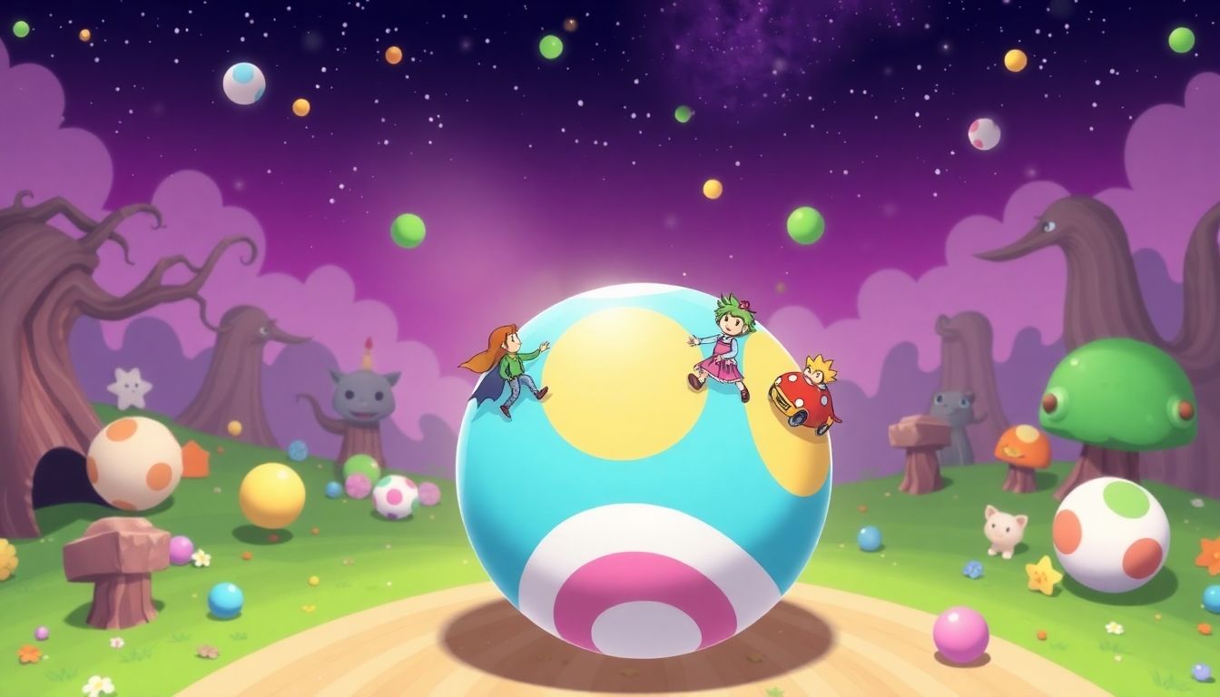 Capa colorida de Once Upon a Katamari com personagens do jogo rolando uma esfera enorme em um cenário fantástico de doces e objetos