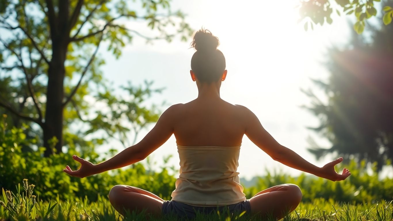 Person meditating peacefully outdoors in nature.