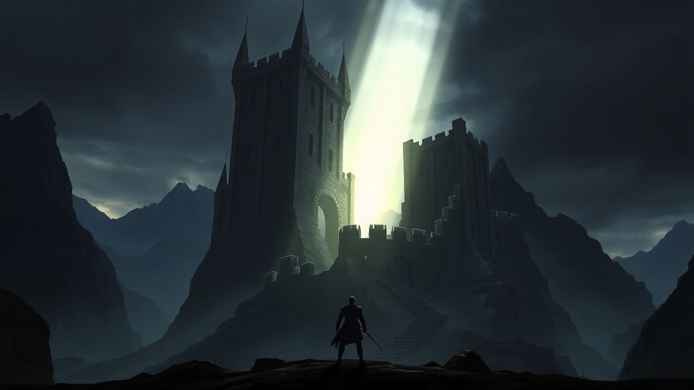 Gothic 2 adventurer facing a medieval castle under a stormy sky.