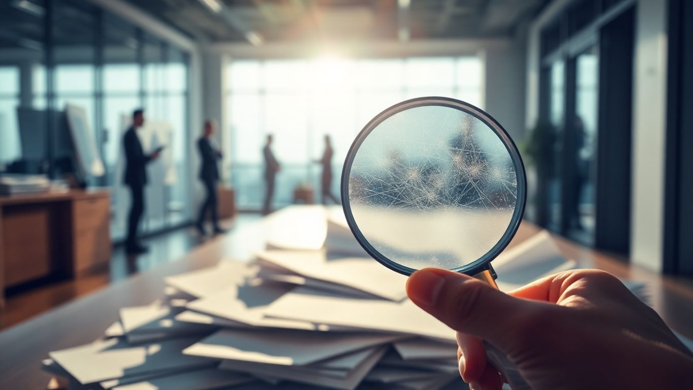 Magnifying glass over payroll documents, office background.