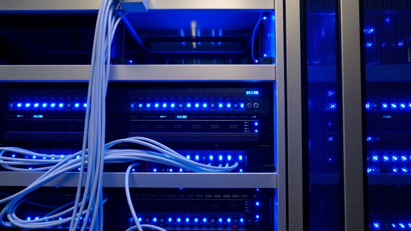 Serveur avec câbles et lumières bleues