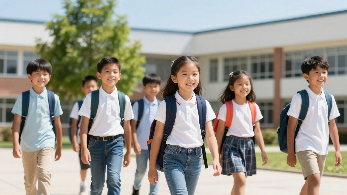 Schulkinder mit Rucksäcken gehen zur Schule im Sommer.
