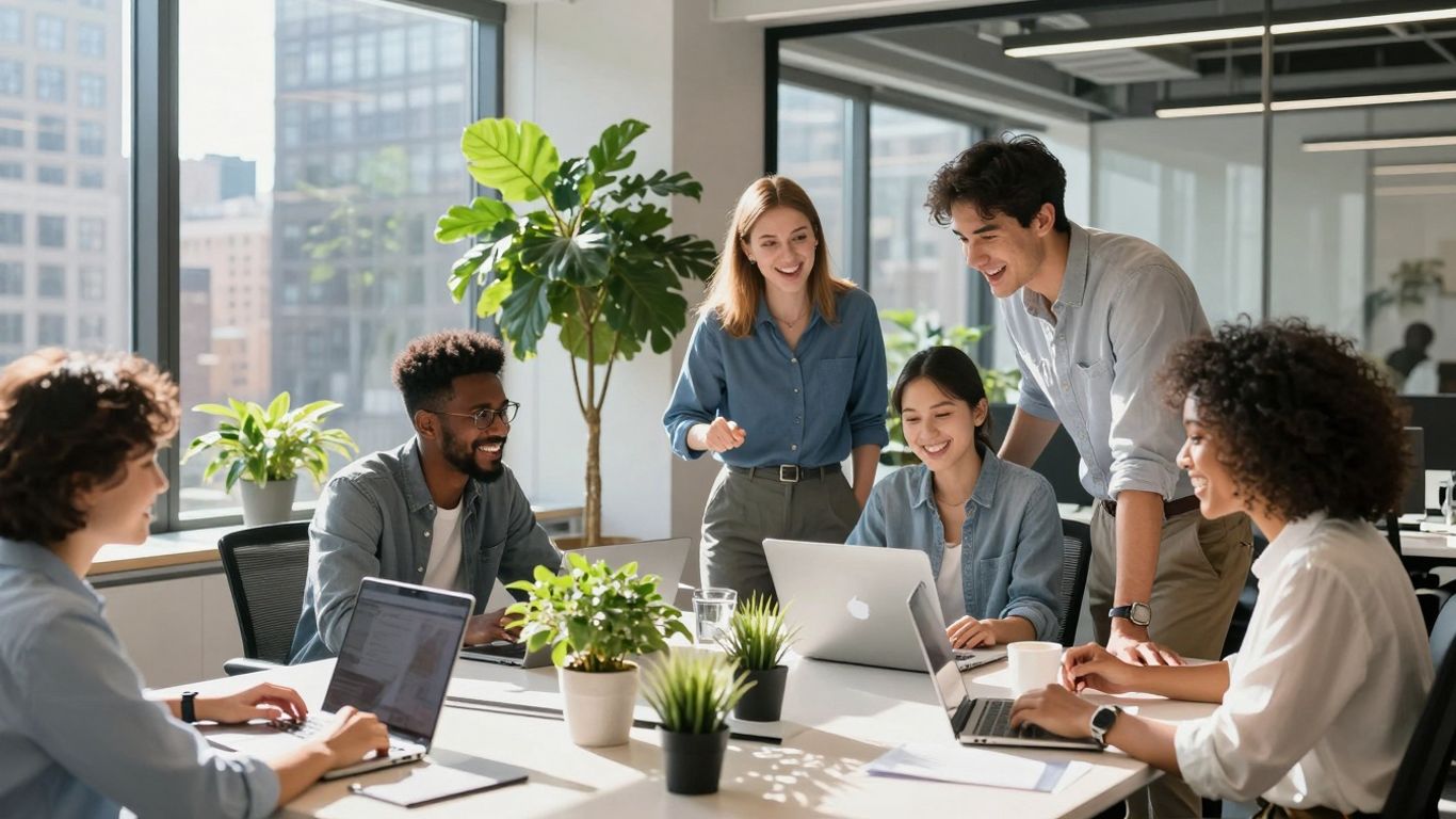 New York digital marketing agency team collaborating in modern office.
