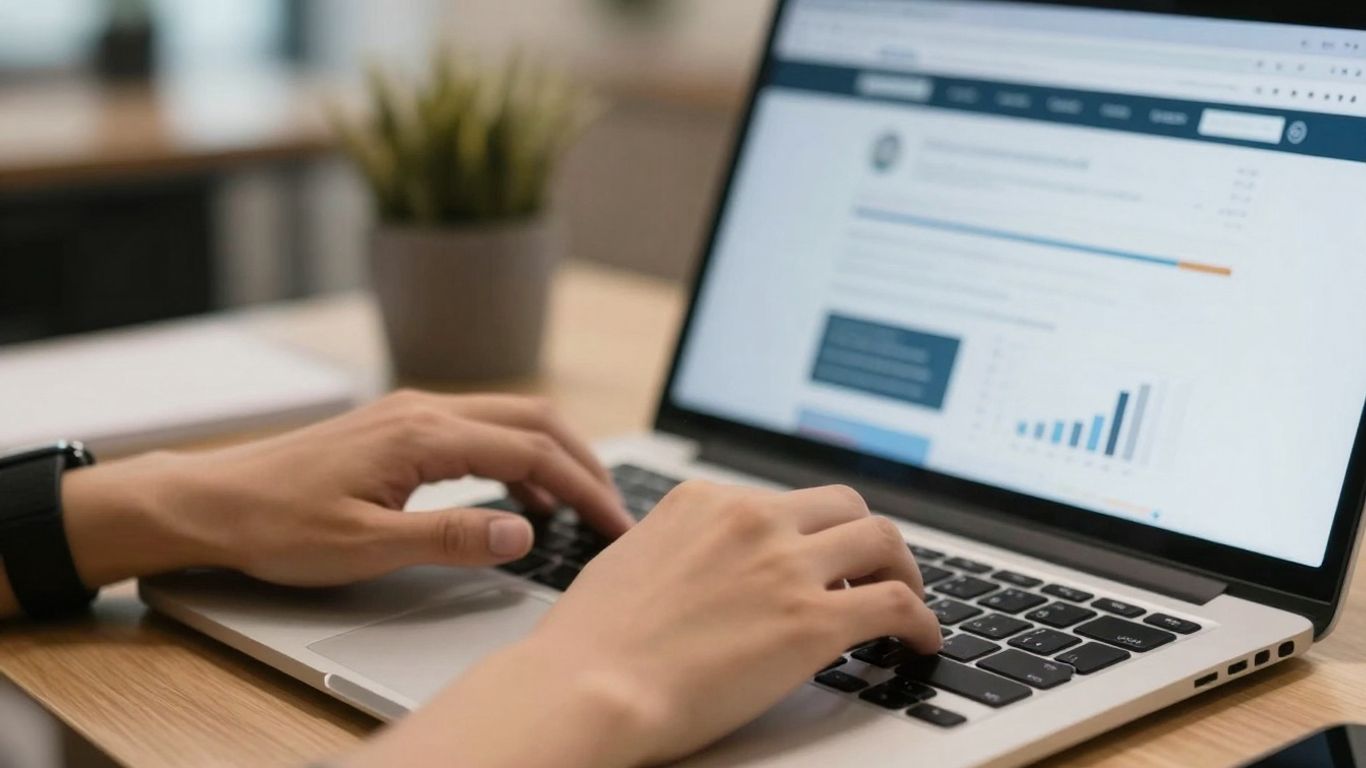 Hands typing on laptop with Amazon marketplace on screen.
