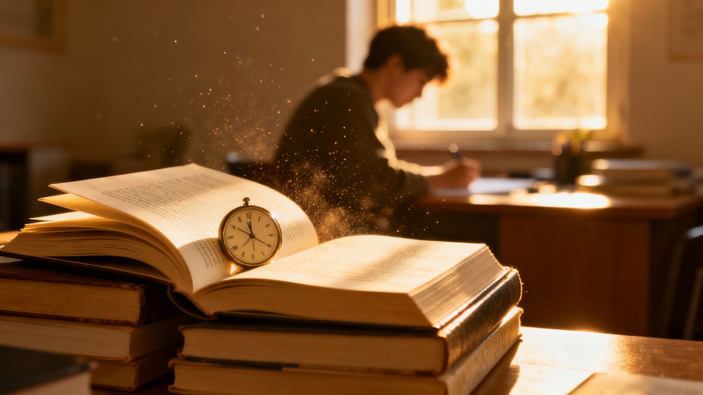 Stack of books with a clock, sunlight, and a person working.