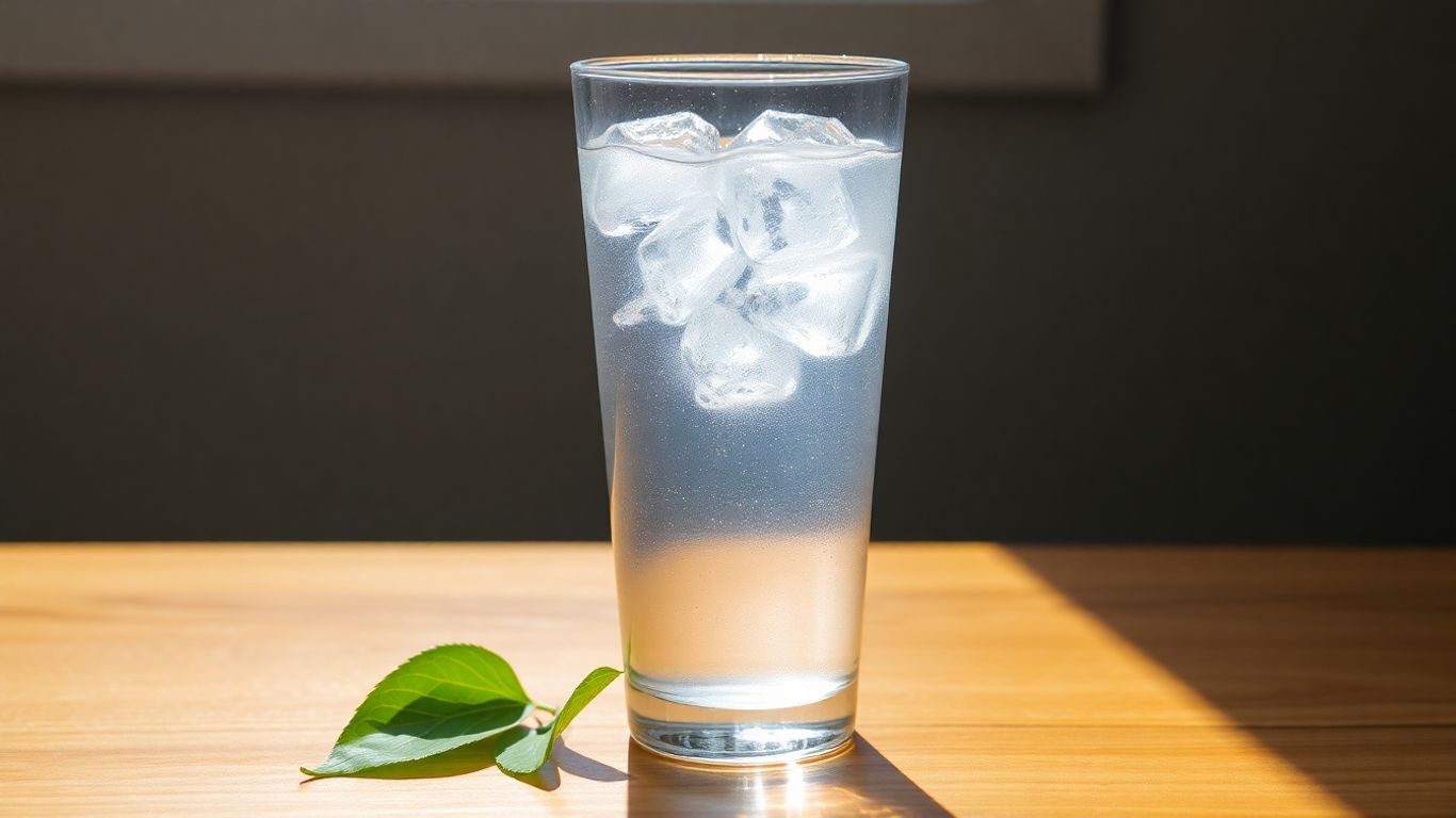 Glass of water with ice and a green leaf.