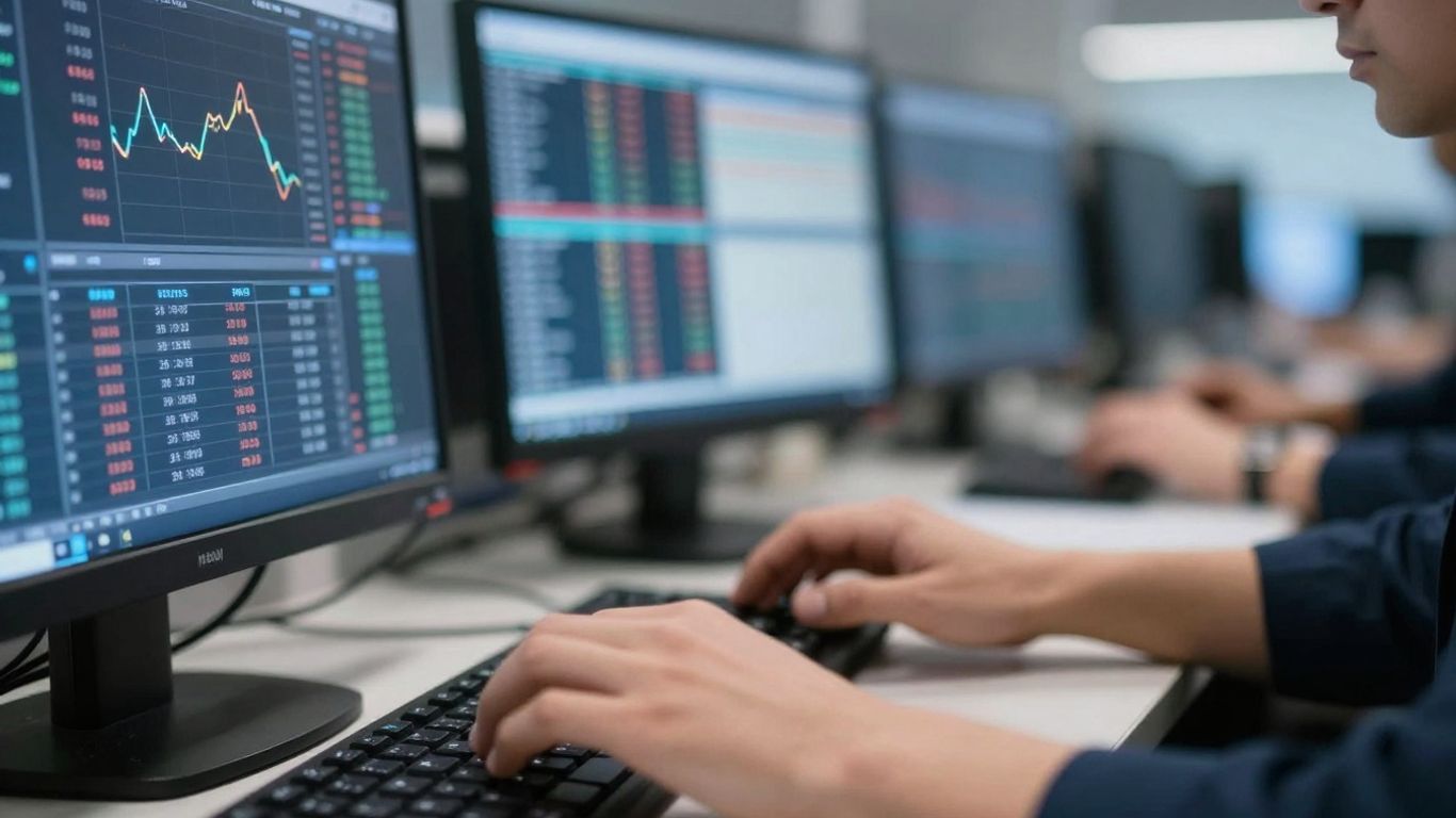 Trader's hands on a computer during simulated trading.