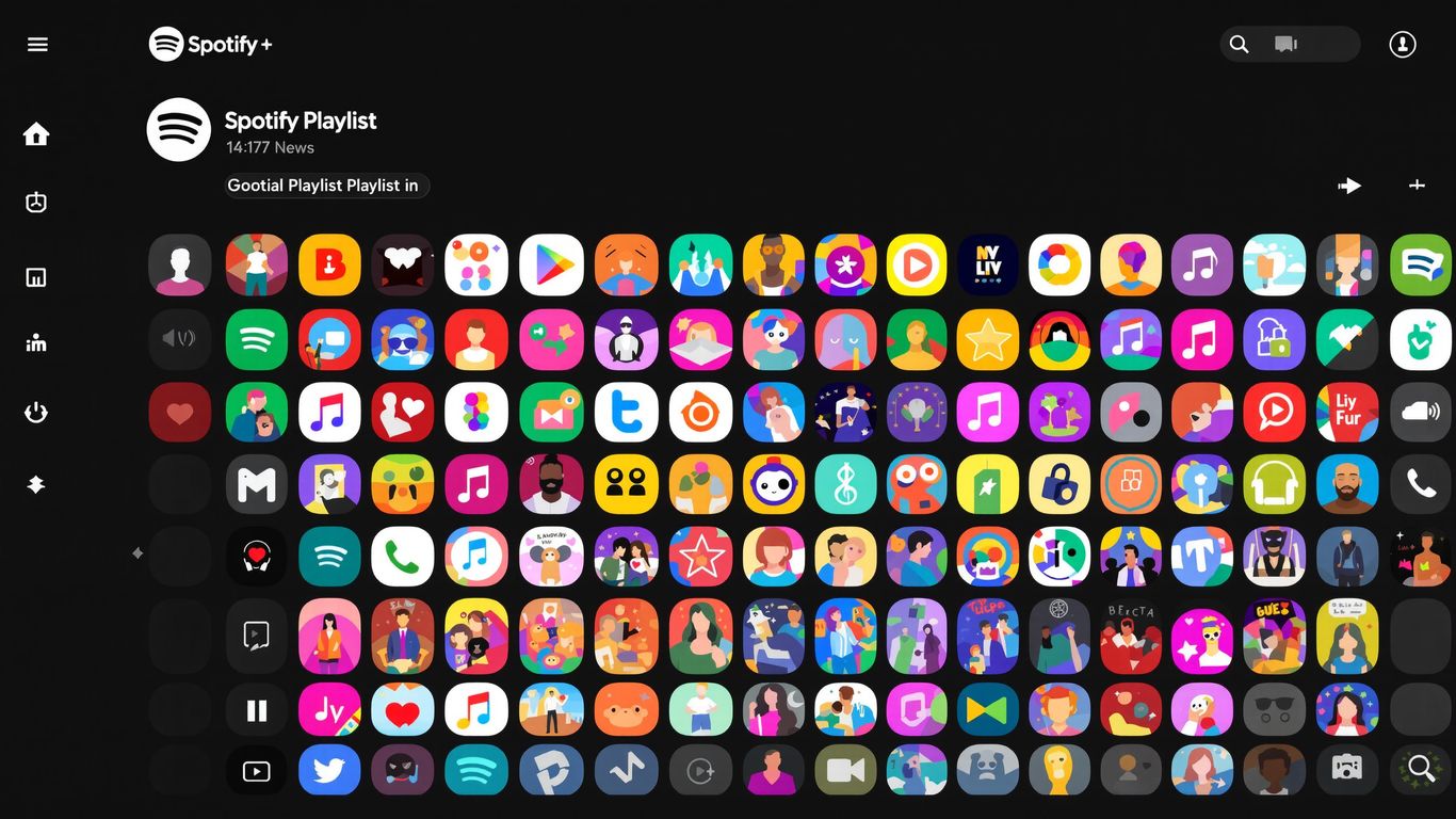 Spotify playlist with many colorful song icons.