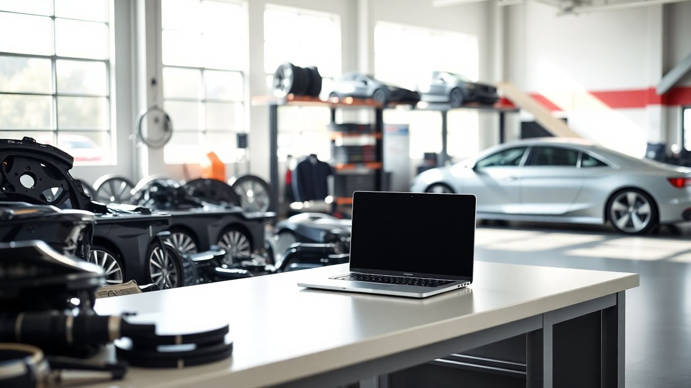 Laptop and car parts in modern garage scene