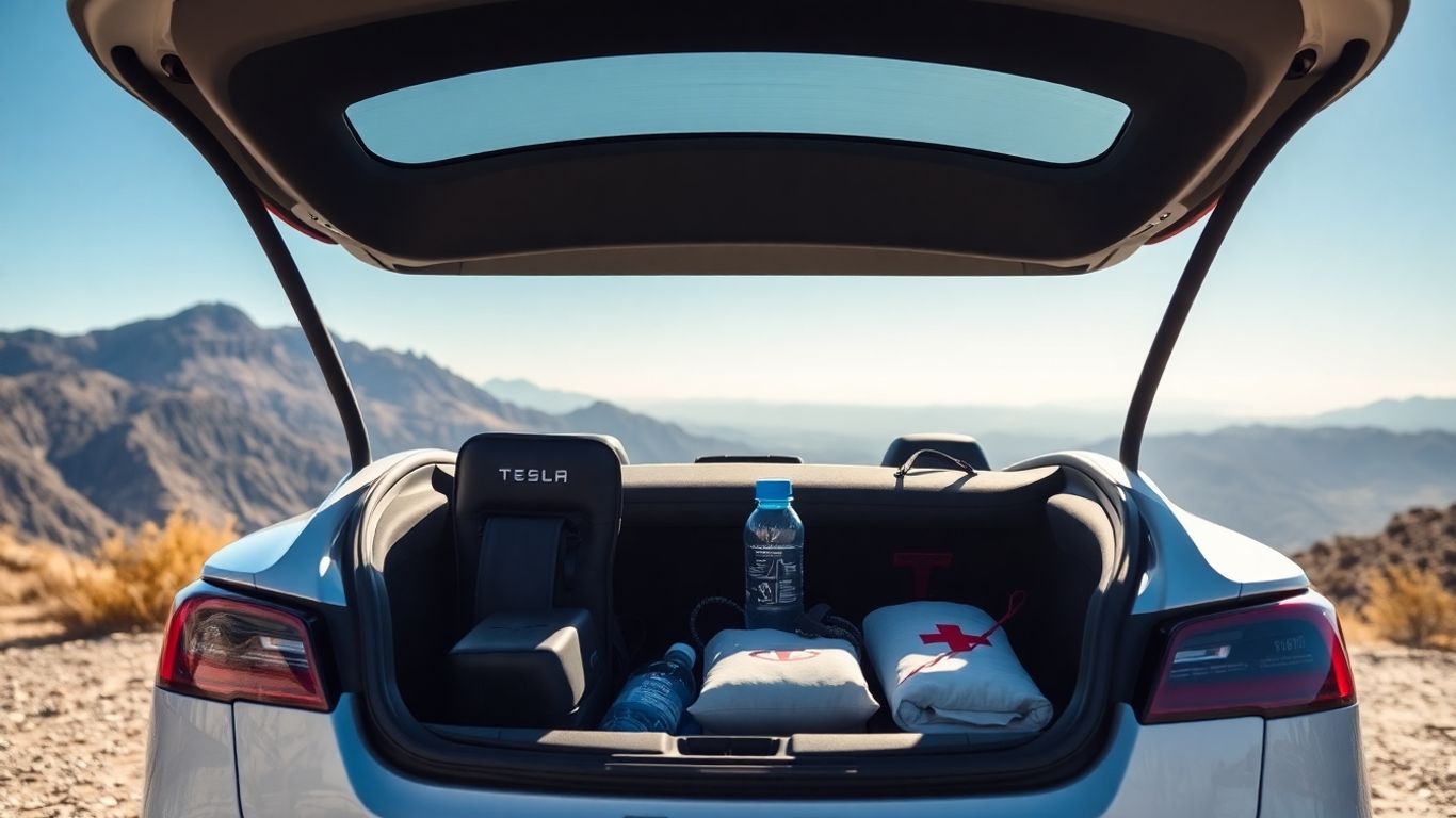 Tesla car packed with road trip gear for adventure.