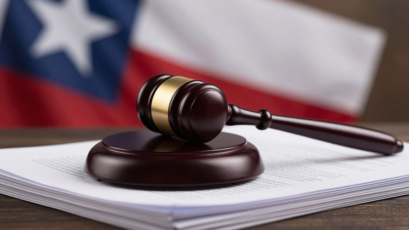 Gavel on documents with Texas flag background.
