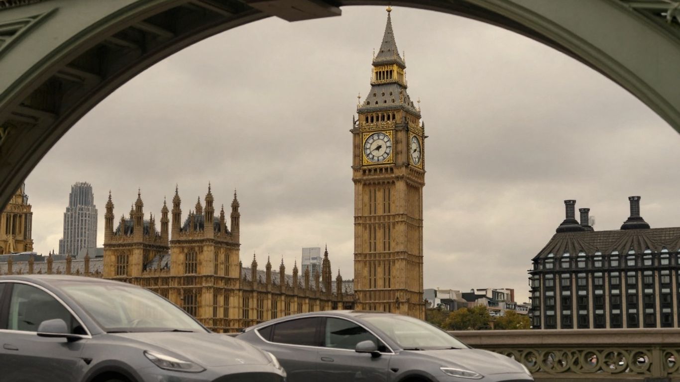 London skyline with Big Ben and an electric car.