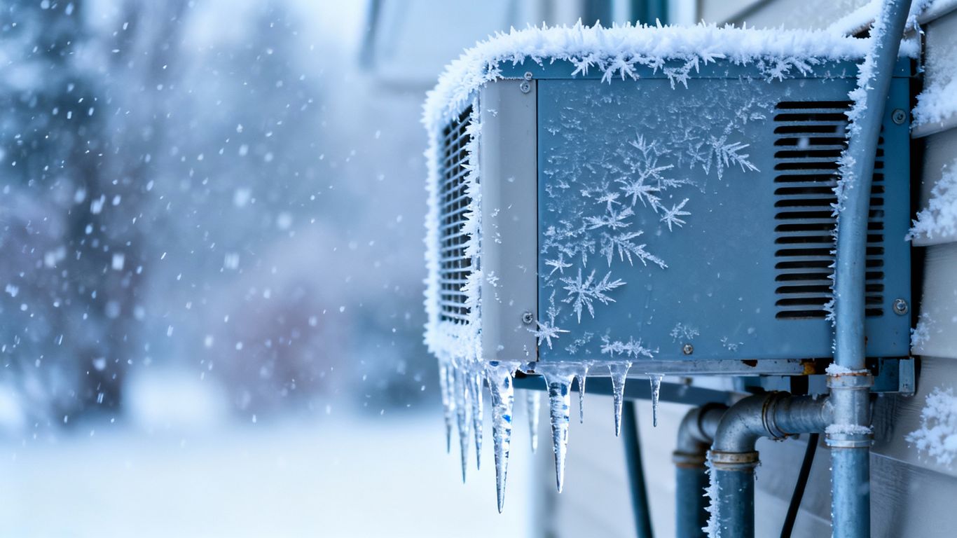 HVAC unit covered in frost and icicles during winter.