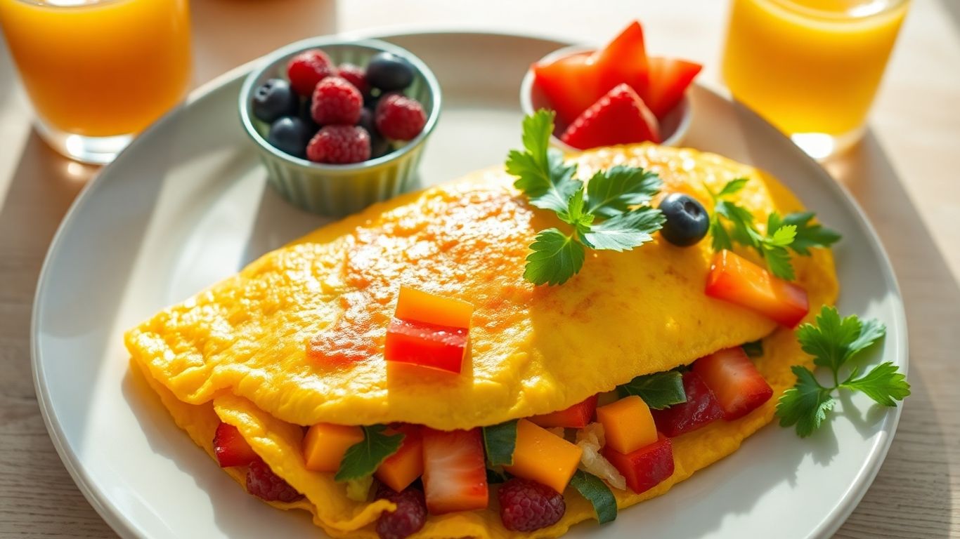 Healthy breakfast with omelet, berries, and orange juice.