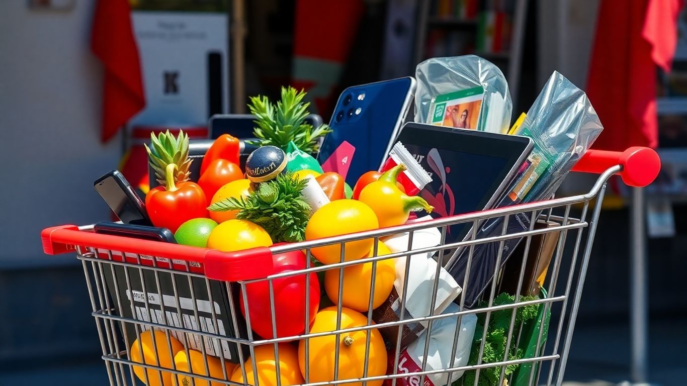 Carrinho de compras cheio de produtos variados.